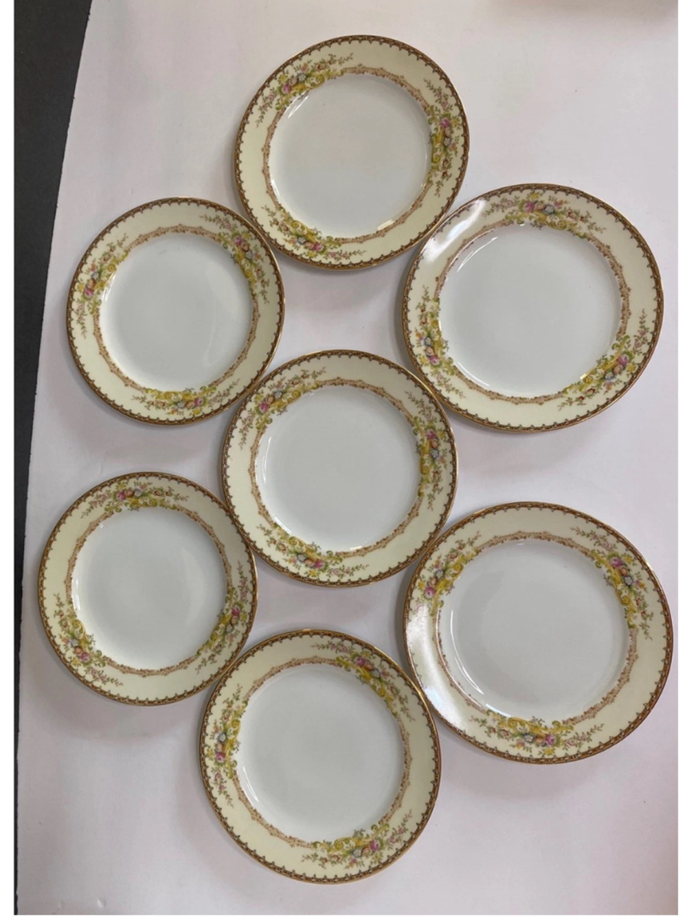 Vintage Meito China Floral BRONSON 7.5” Salad Plates Hand Painted Gold Rim SET 7